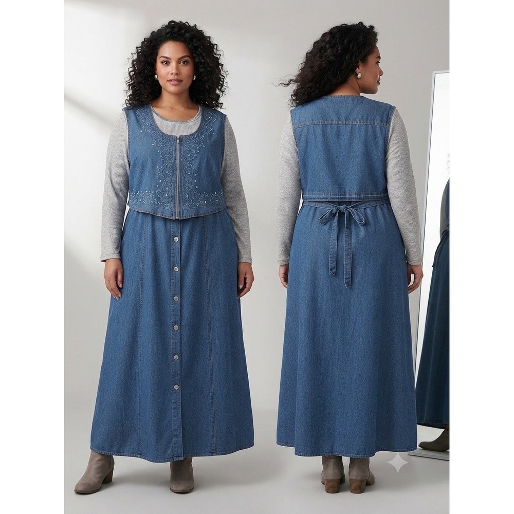 Vintage Old Money Monique Fashion 2pc Jean Maxi Dress Women's Embroidered 2XL